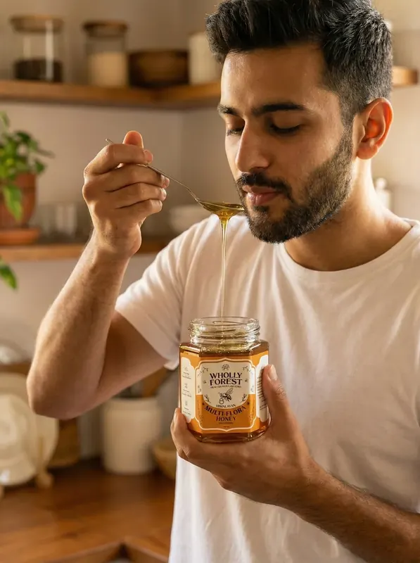 Natural pre-workout energy boost with a spoonful of pure raw honey for athletic stamina and glycogen replenishment
