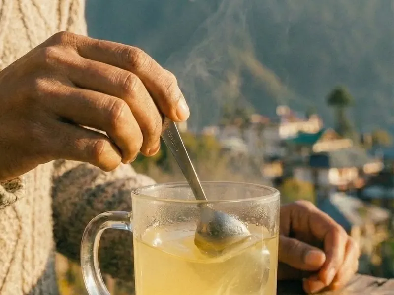 Subah Ka Nimbu-Paani: Stirring pure raw Himalayan honey into morning lukewarm lemon water against Himalayan peaks